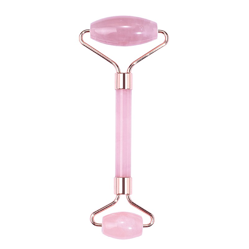 Rose quartz dual-head face roller, pink handle