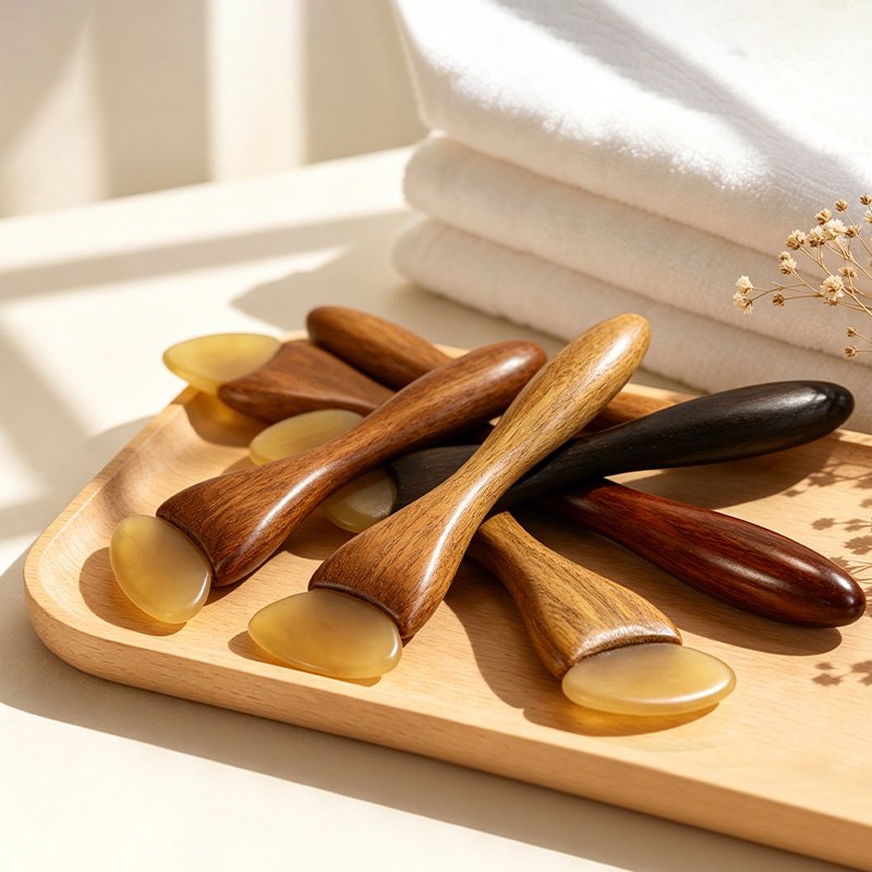 Facial massage sticks on a wooden tray