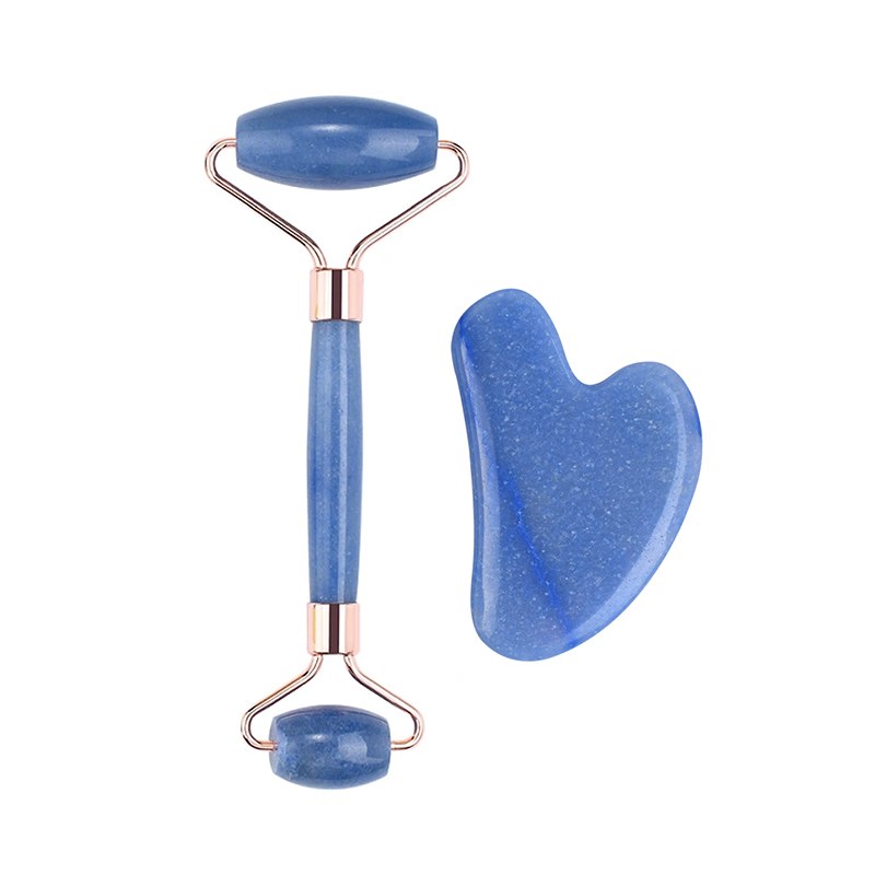 Blue chalcedony roller and gua sha heart stone set