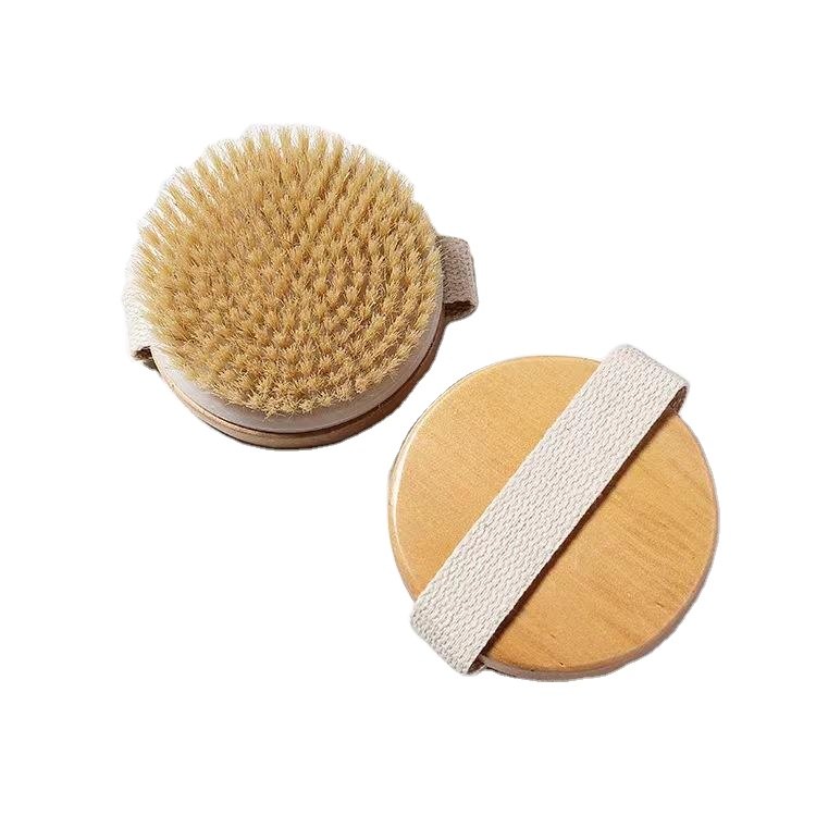 Natural boar bristle shower brush, bristle face and wooden back with cotton strap