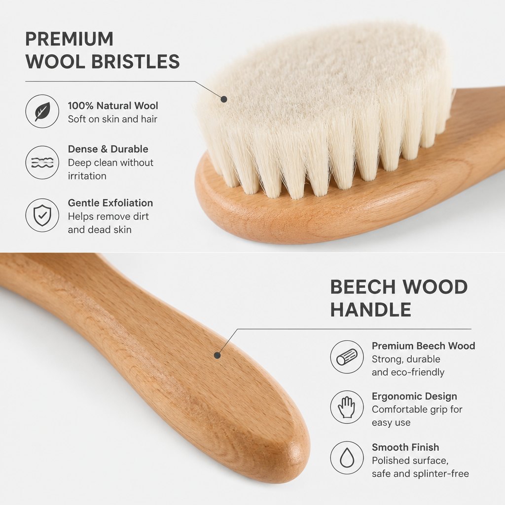 Premium wool bristles and beech wood handle detail