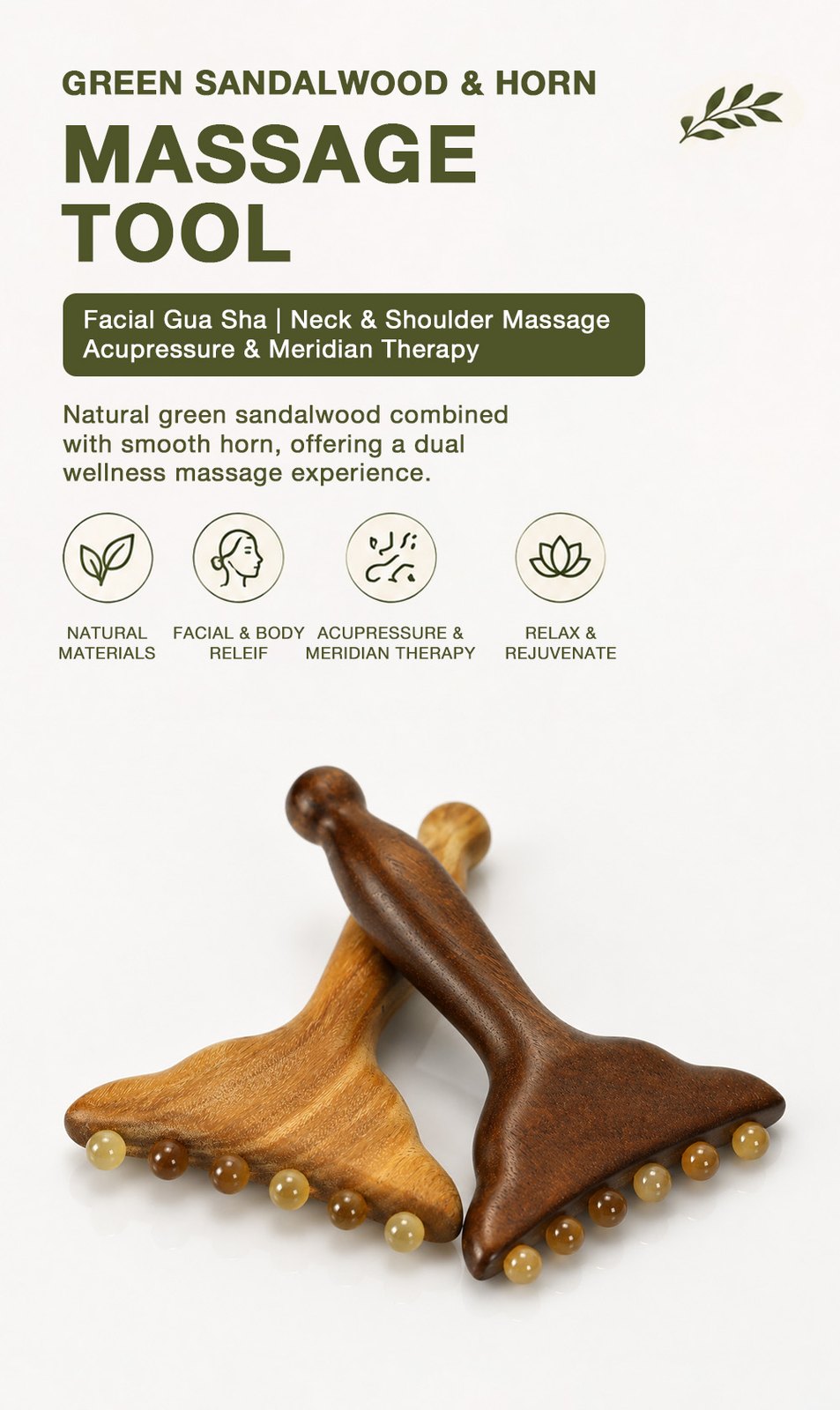 Green sandalwood and horn massage tools, two natural wood tones