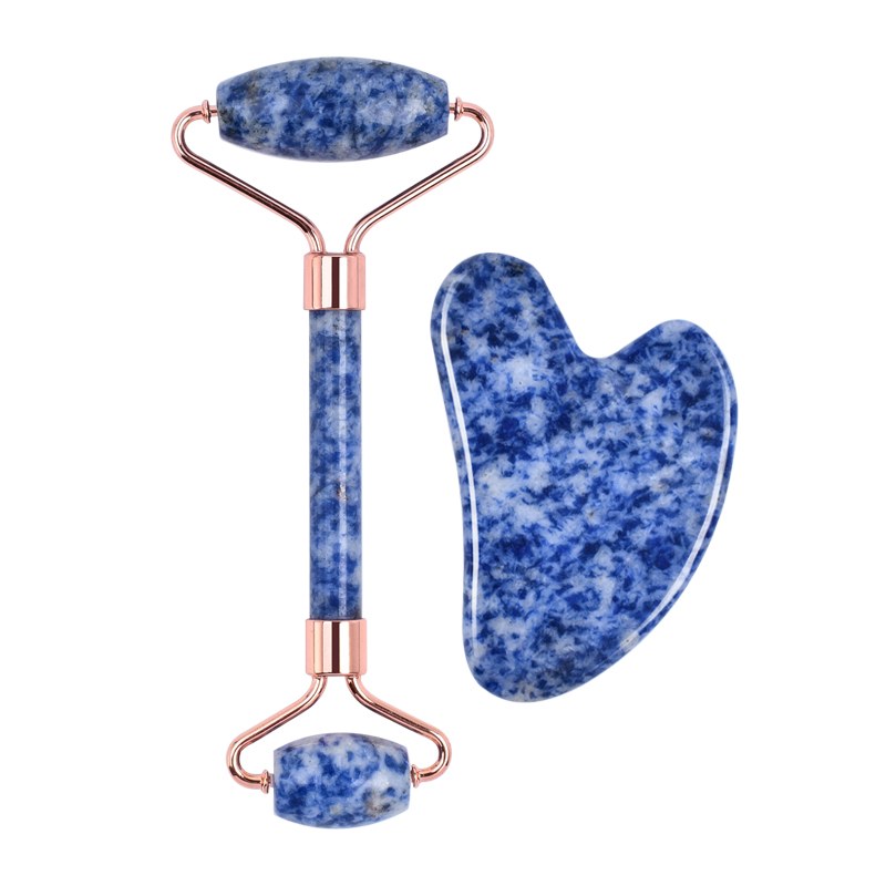 Blue sodalite roller and gua sha heart stone set
