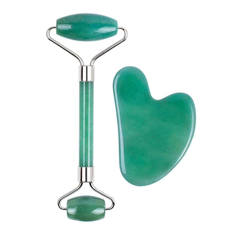 Green jade roller and gua sha heart stone set