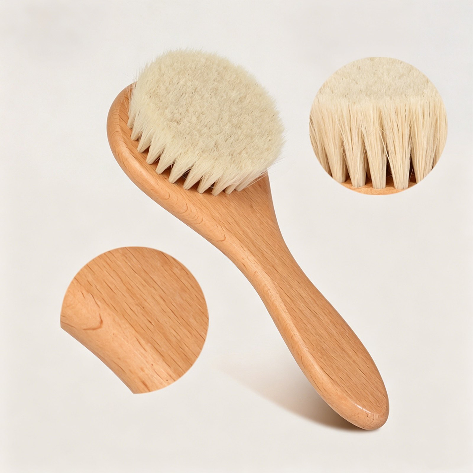 Close-up of wool bristles and polished beech wood handle