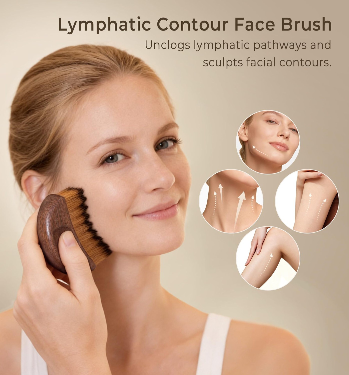 Half moon lymphatic brush in hand against the cheek