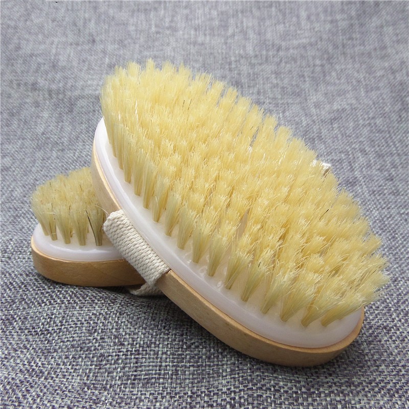 Wooden dry body brush with natural bristles and cotton strap