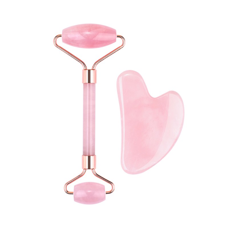 Rose quartz roller and gua sha heart stone set
