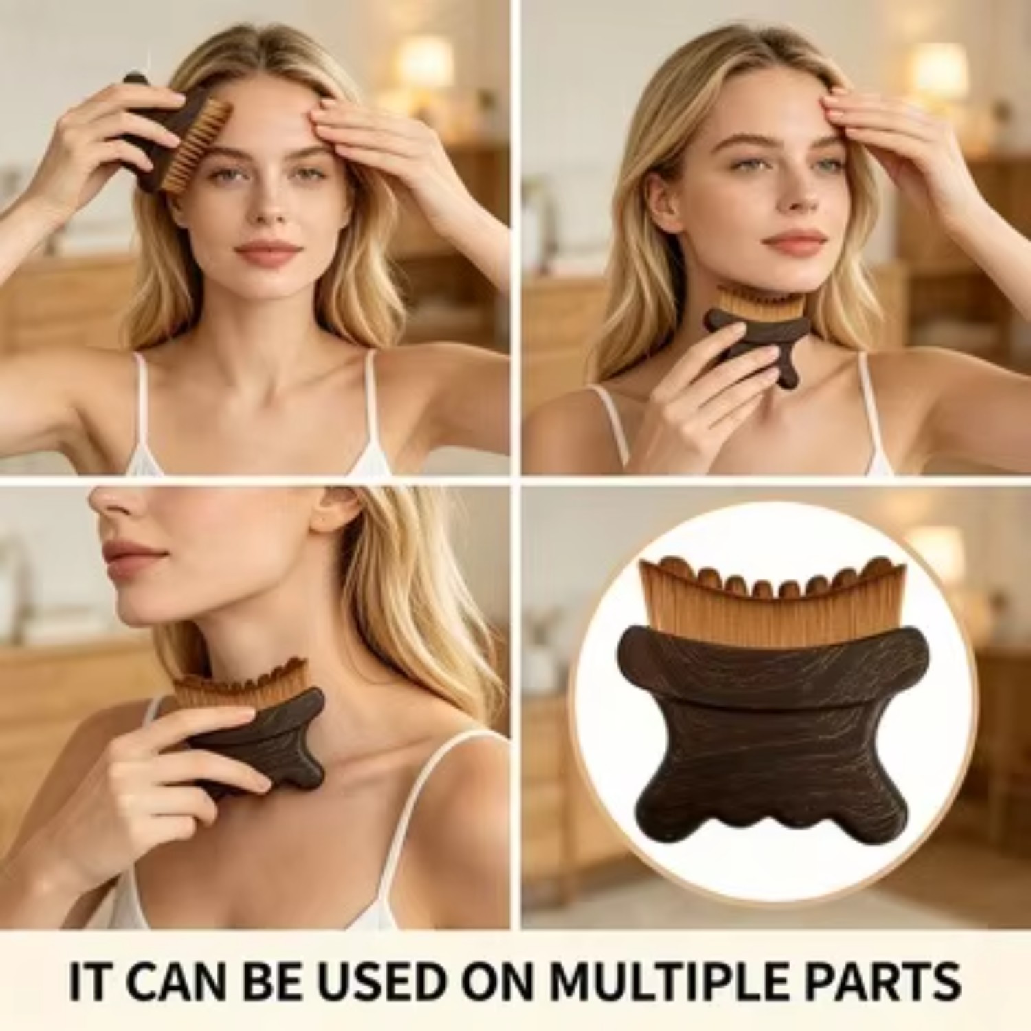 Fish tail massage brush used on forehead, cheeks and neck