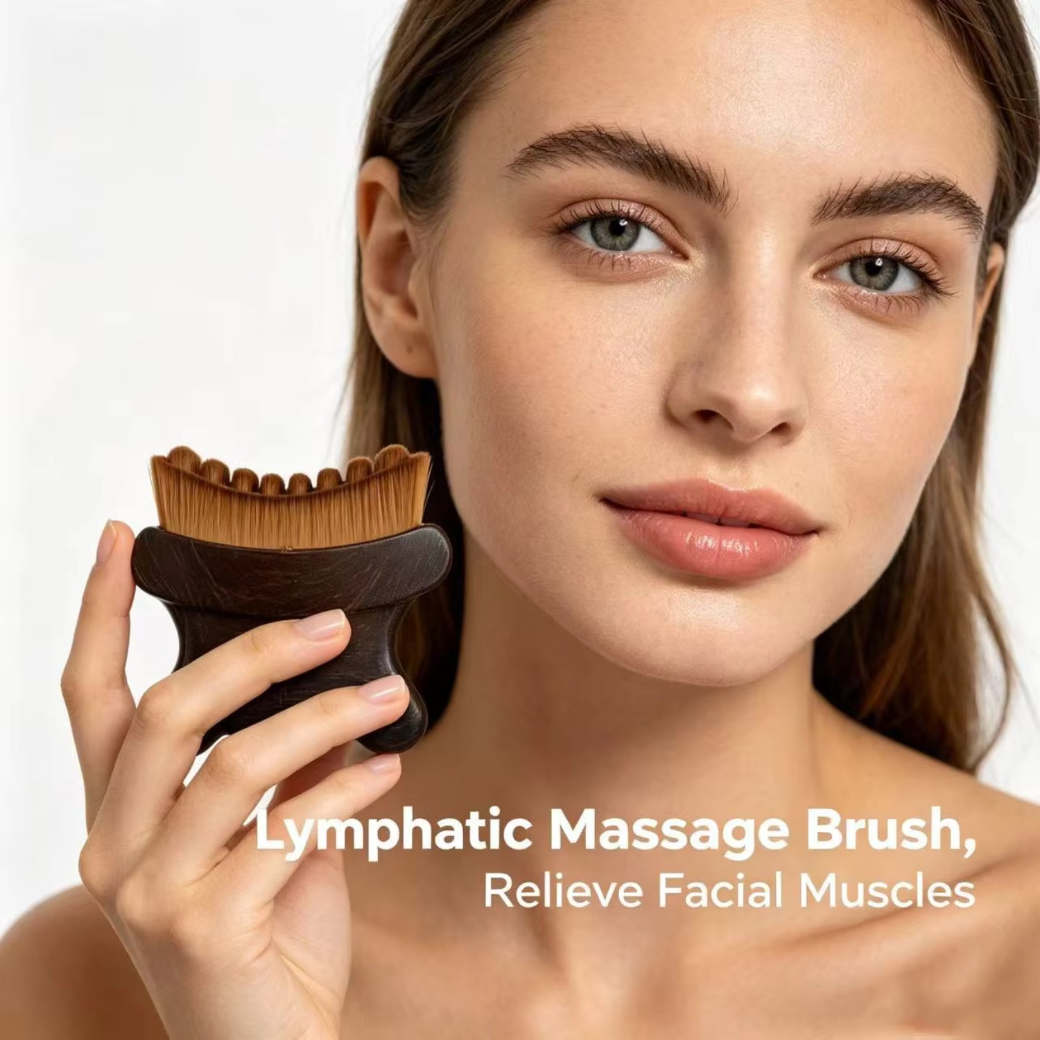 Model holding the fish tail wood massage brush