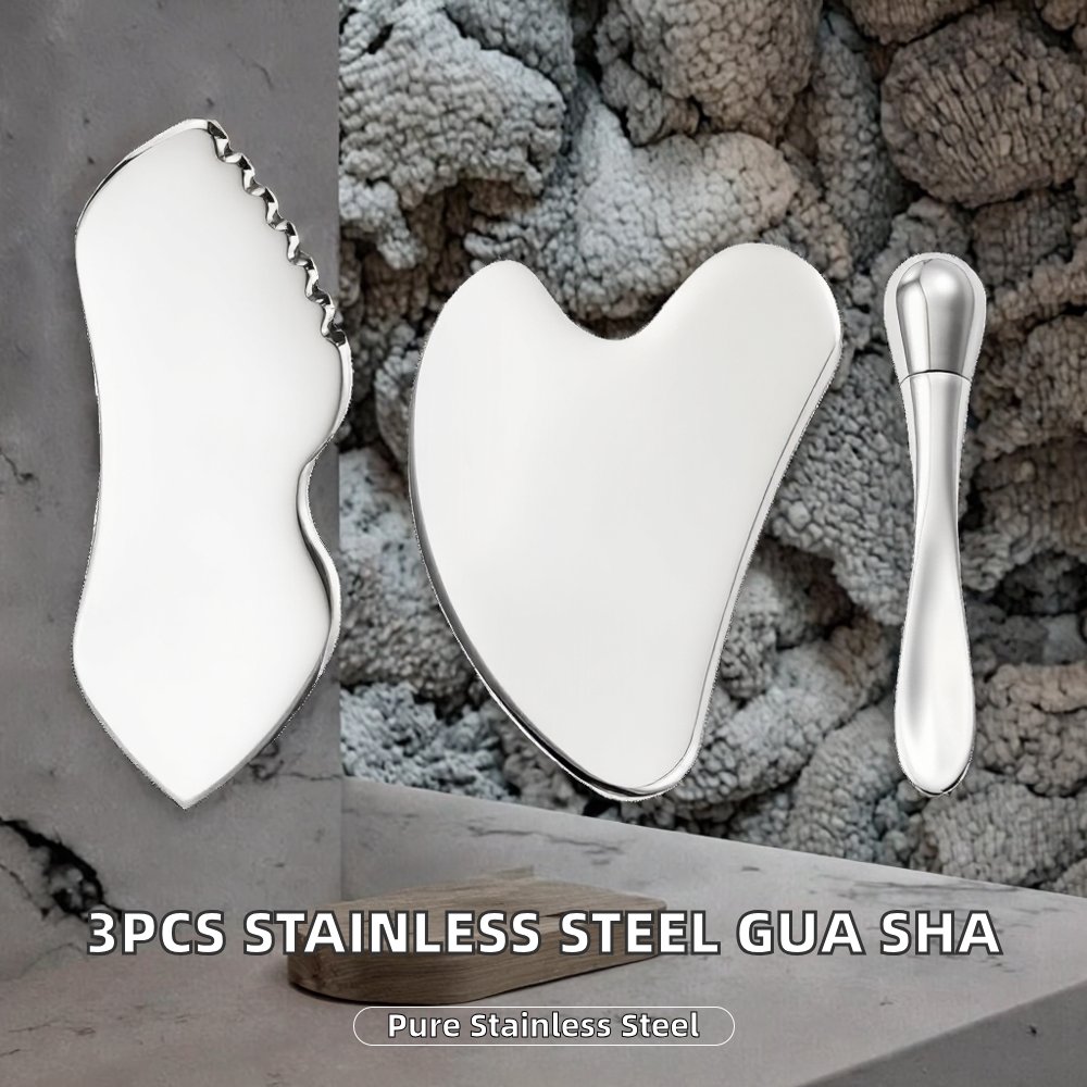 3-Piece Stainless Steel Gua Sha Facial Set with Eye Cream Applicator