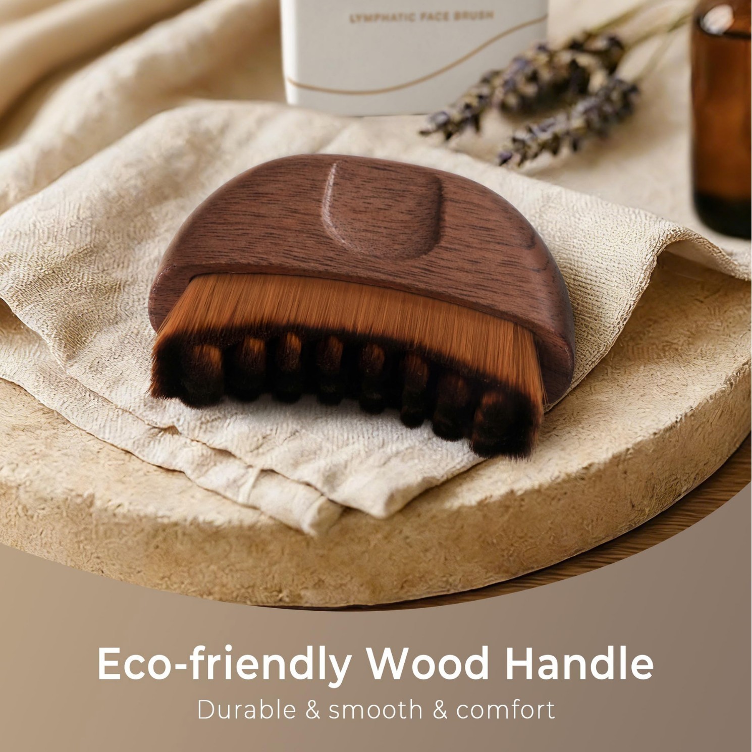 Half moon wood lymphatic contour face brush on a wooden stand