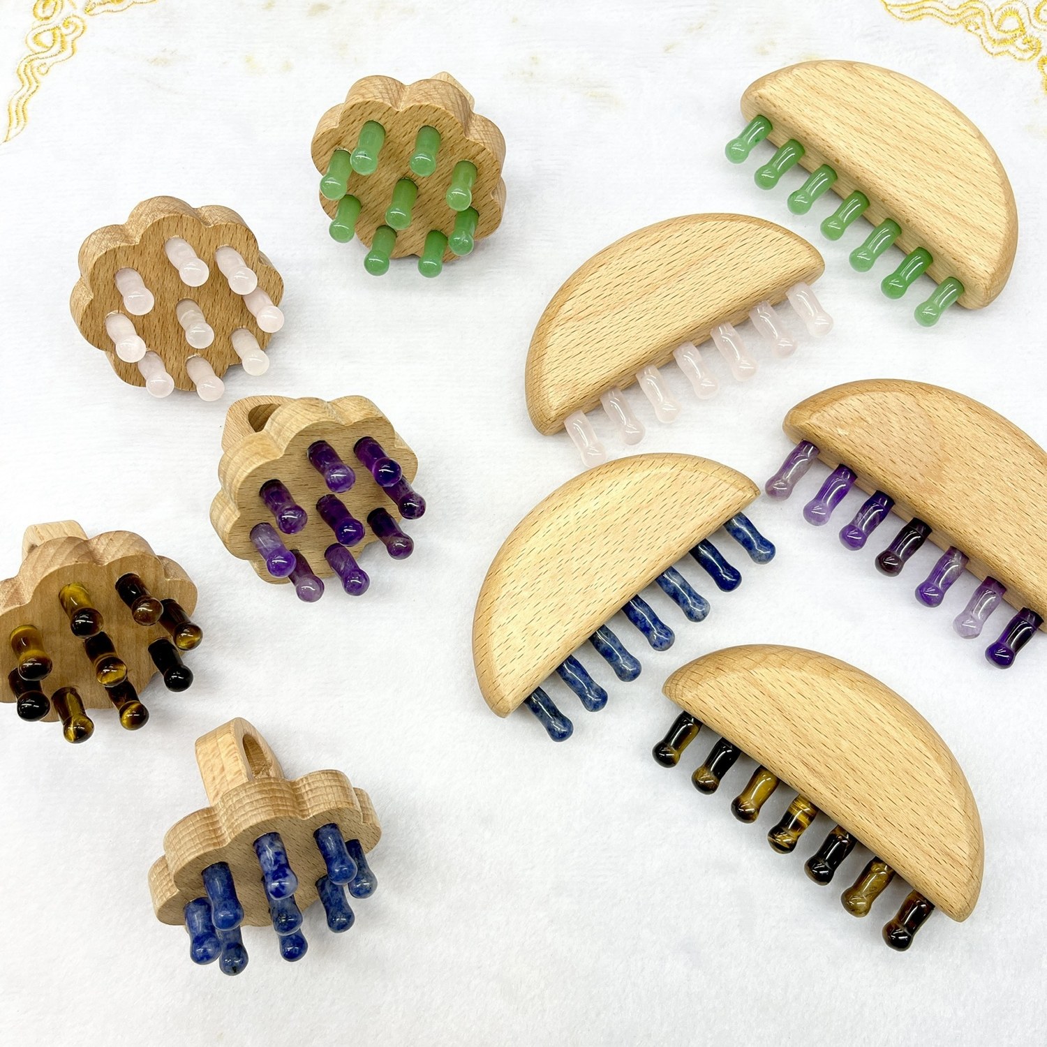 Moon-shaped wooden combs with crystal teeth set