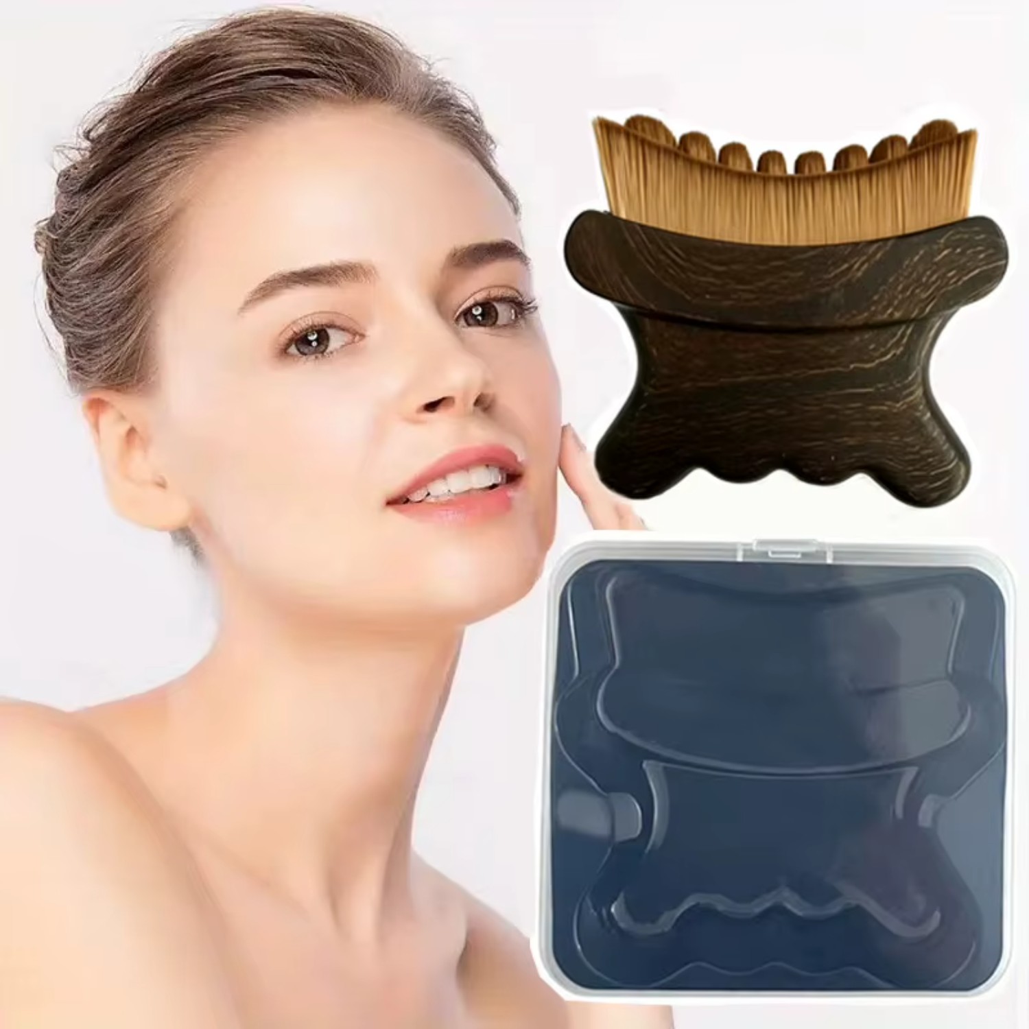 Fish tail wood lymphatic massage brush held against the jawline