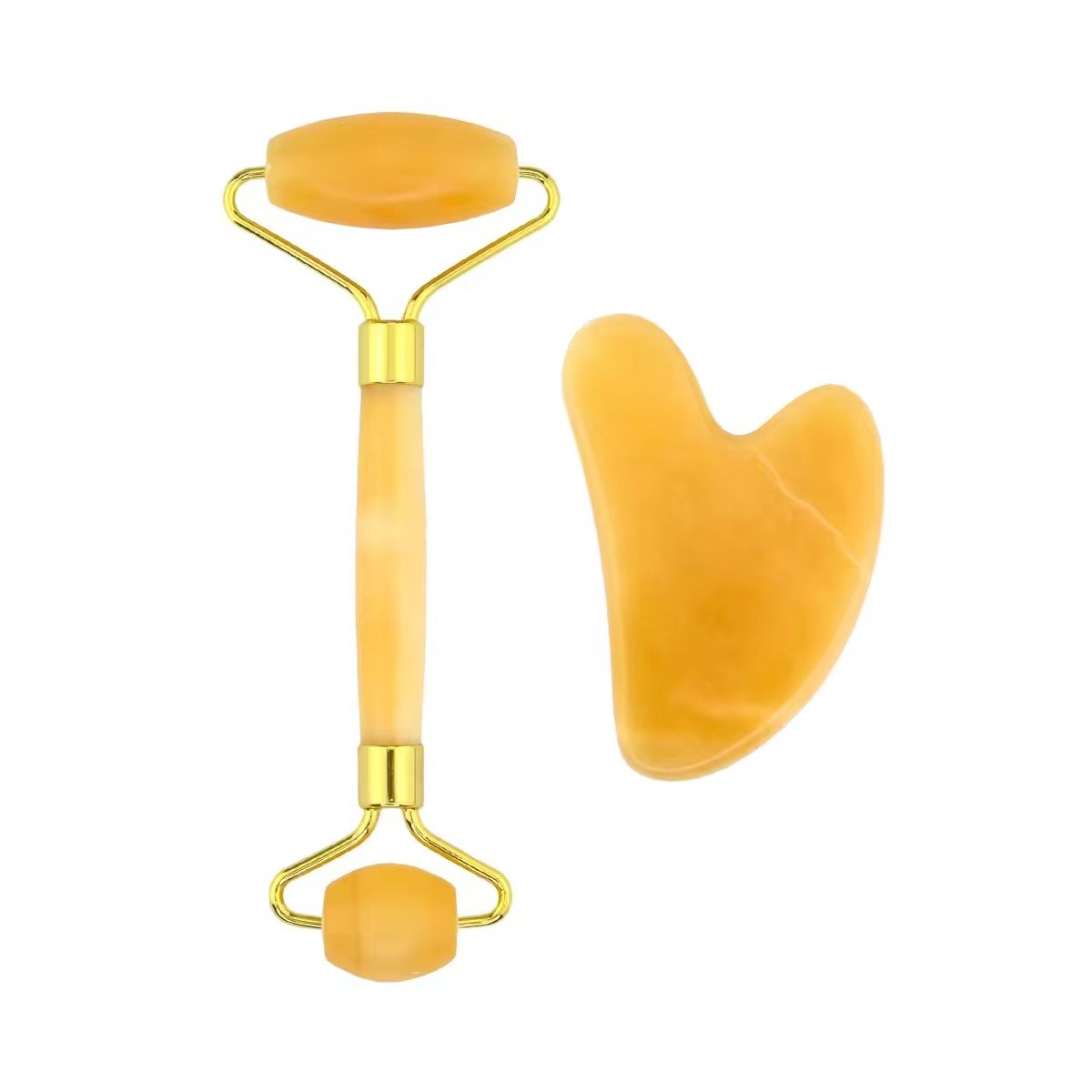 Yellow jade roller and gua sha board set for facial massage