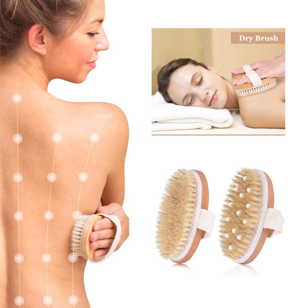 Dry brush use on the back, shoulder massage and bristle detail