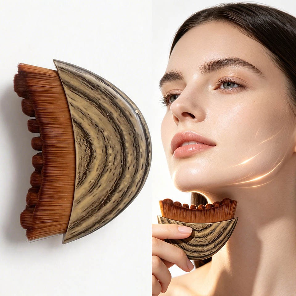 Oval contour face brush held against the cheek
