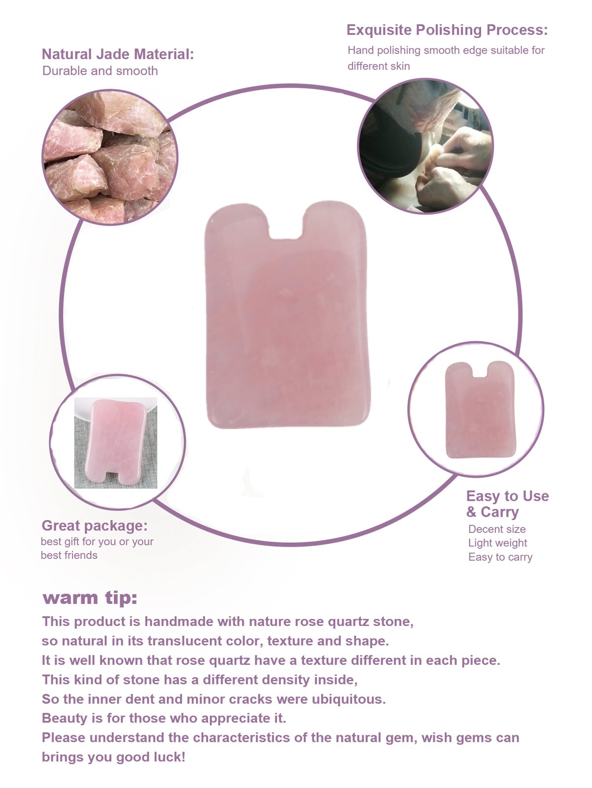 Rose Quartz Concave Gua Sha Board for Face and Body Massage detail 3