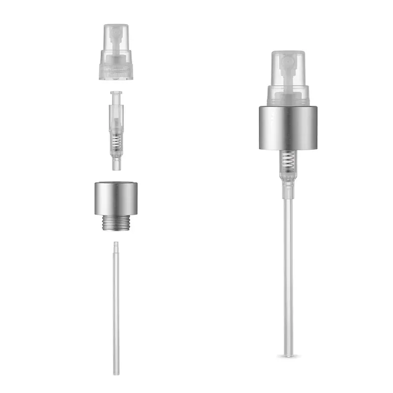 FEA15 fine-mist perfume pump shown disassembled (actuator, pump body, aluminum collar, dip tube) and fully assembled, on pure white background