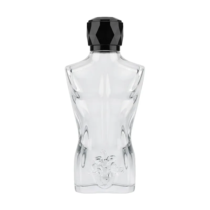 torso glass perfume bottle black cap