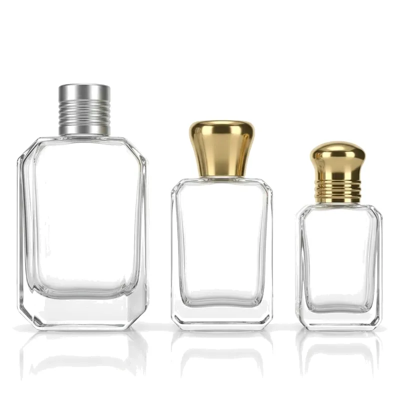 square glass perfume bottles silver gold caps