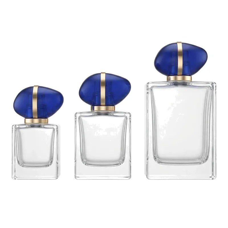square glass perfume bottles blue pebble caps