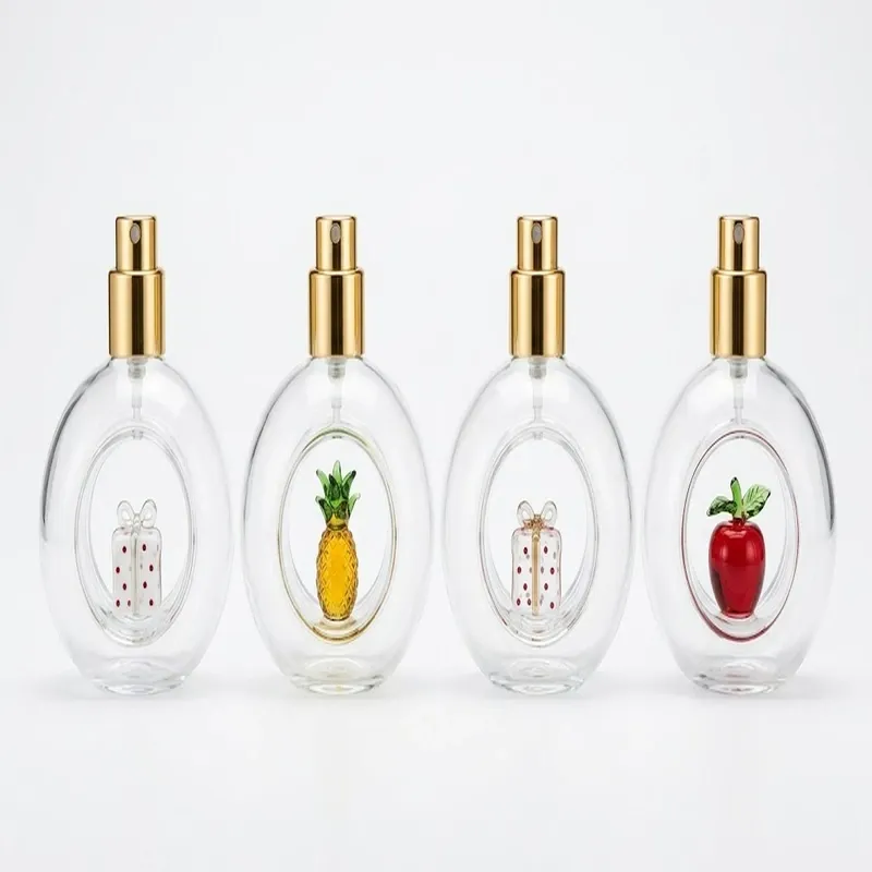 100ml Hollow Round Glass Perfume Spray Bottle with 3D Glass Fruit Inside - Wholesale Glass Perfume Bottle Supplier SEALAND Packaging - figurine options