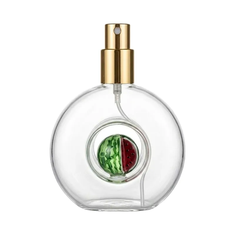 100ml Hollow Round Glass Perfume Spray Bottle with 3D Glass Fruit Inside - Wholesale Glass Perfume Bottle Supplier SEALAND Packaging - watermelon main view