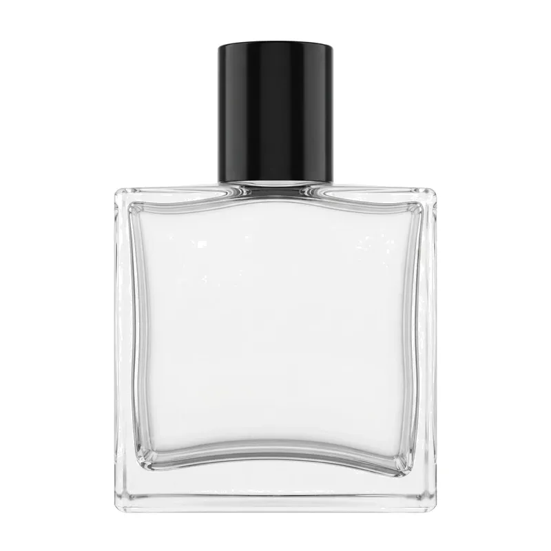 wide square glass perfume bottle black cone cap