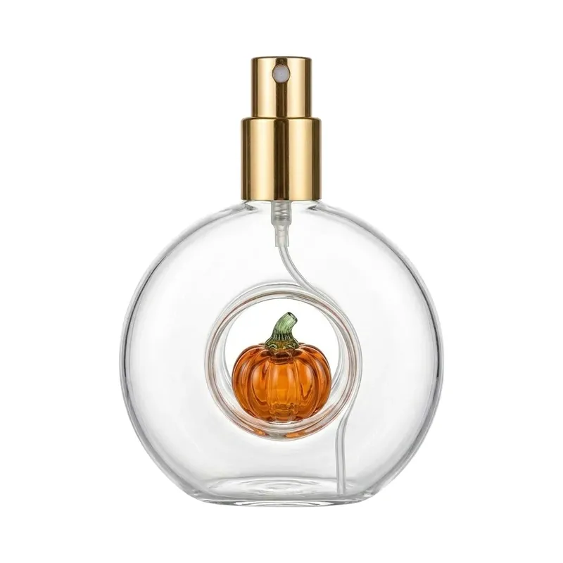 100ml Hollow Round Glass Perfume Spray Bottle with 3D Glass Fruit Inside - Wholesale Glass Perfume Bottle Supplier SEALAND Packaging - pumpkin view