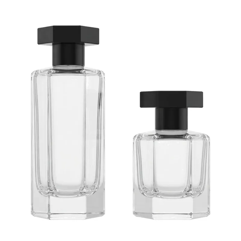 hexagon glass perfume bottles black caps