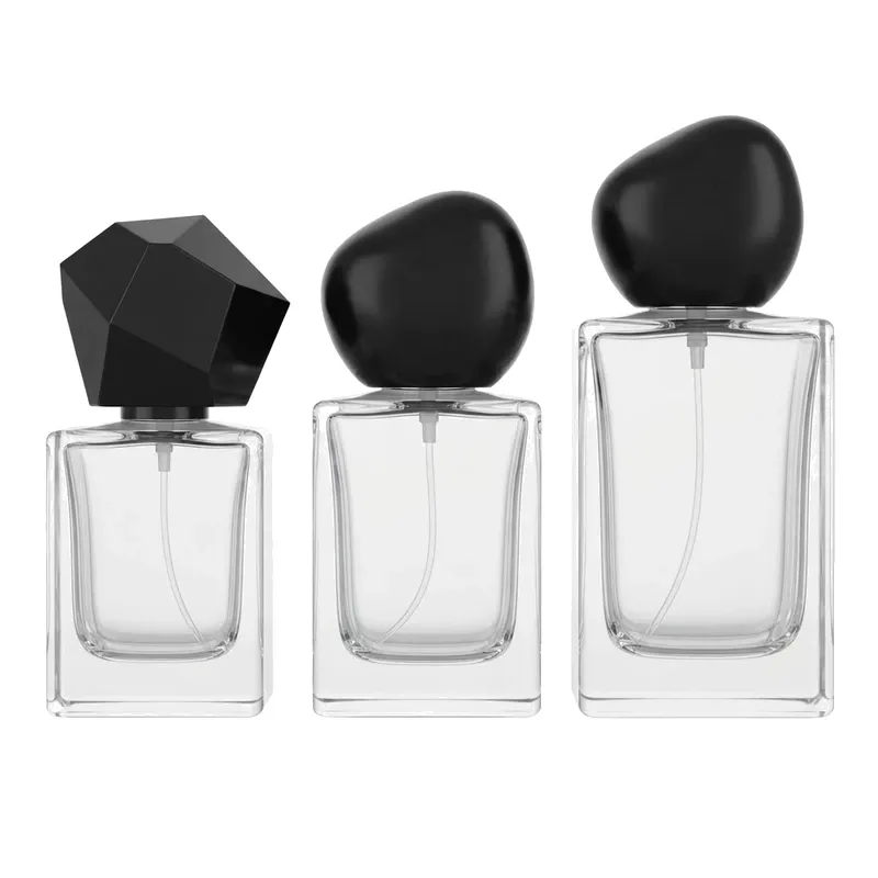 square glass perfume bottles black geometric caps