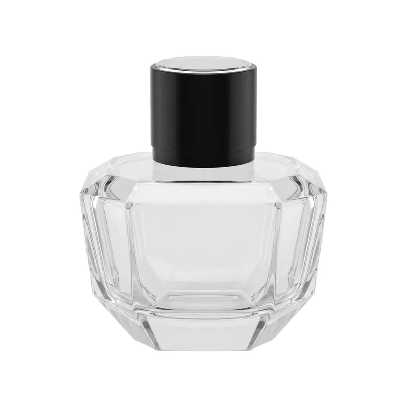 hexagonal wide glass perfume bottle black cap