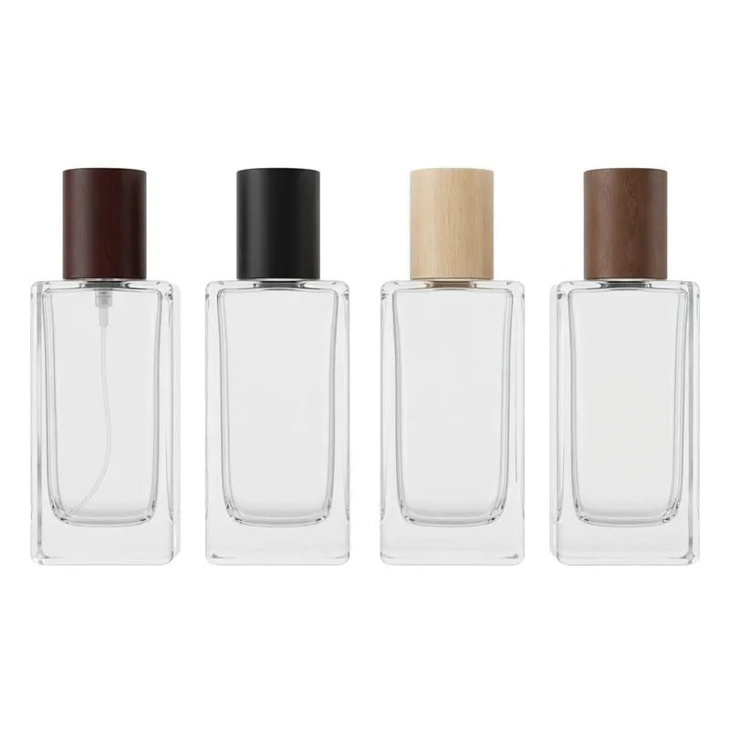 slim rect glass bottles wood caps set