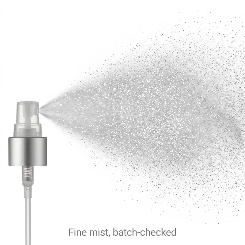 Macro shot of the FEA15 pump firing an even cone of ultra-fine mist against a white background — fine mist, batch-checked