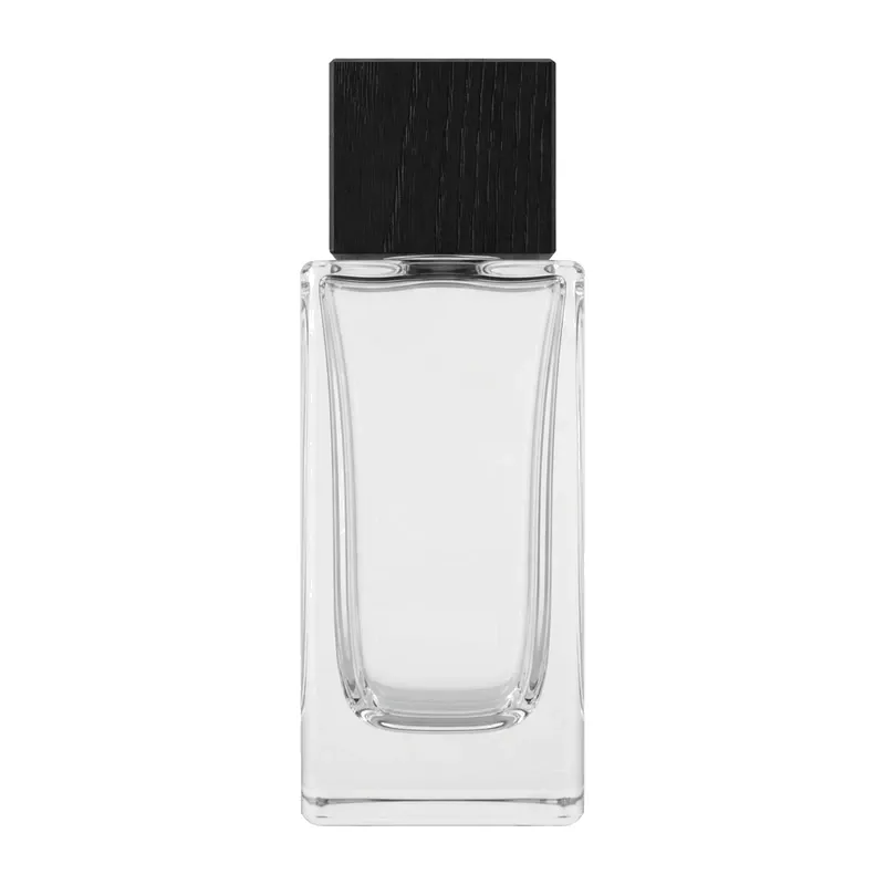 rect glass perfume bottle black cube cap