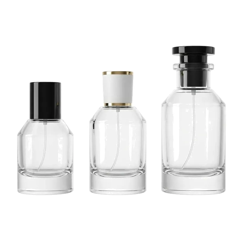 small glass perfume bottles black white caps