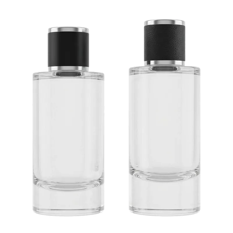 cylinder glass perfume bottles black caps