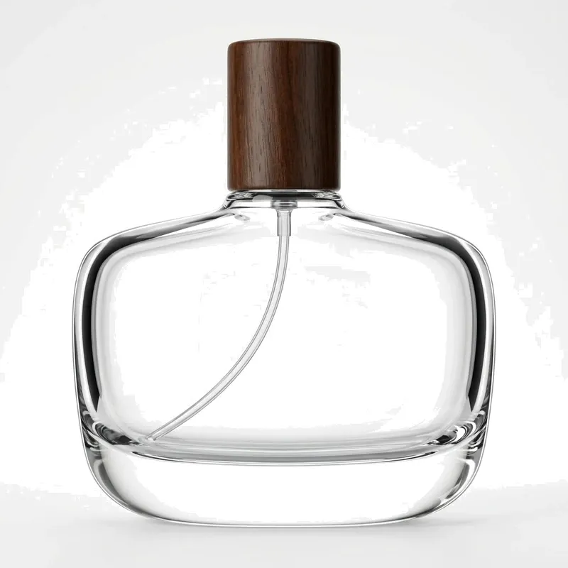 flat wide glass perfume bottle wood cap