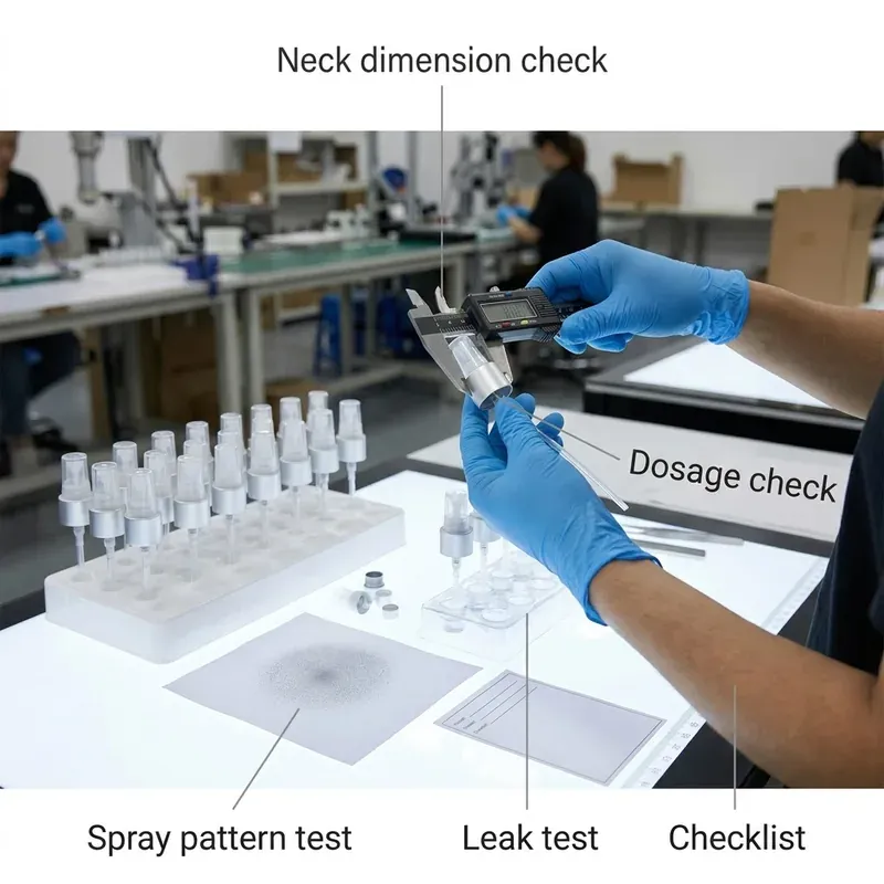 Pump quality control: gloved hands measuring the aluminum collar with calipers, pump tray, spray pattern paper, leak test tray and checklist