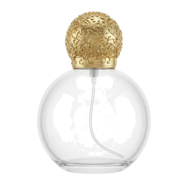 round glass perfume bottle gold textured cap