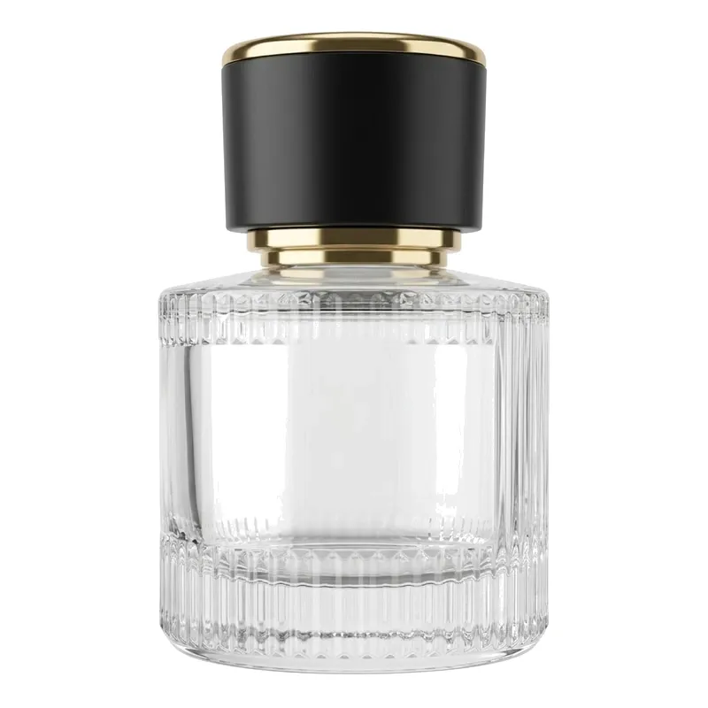 round fluted glass perfume bottle black cap