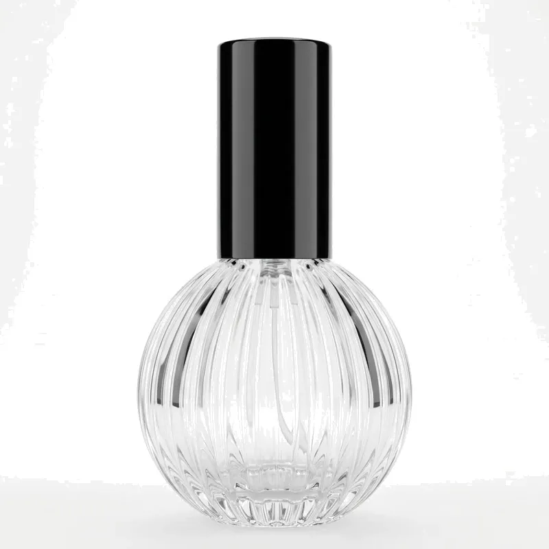 round ribbed glass perfume bottle black cap