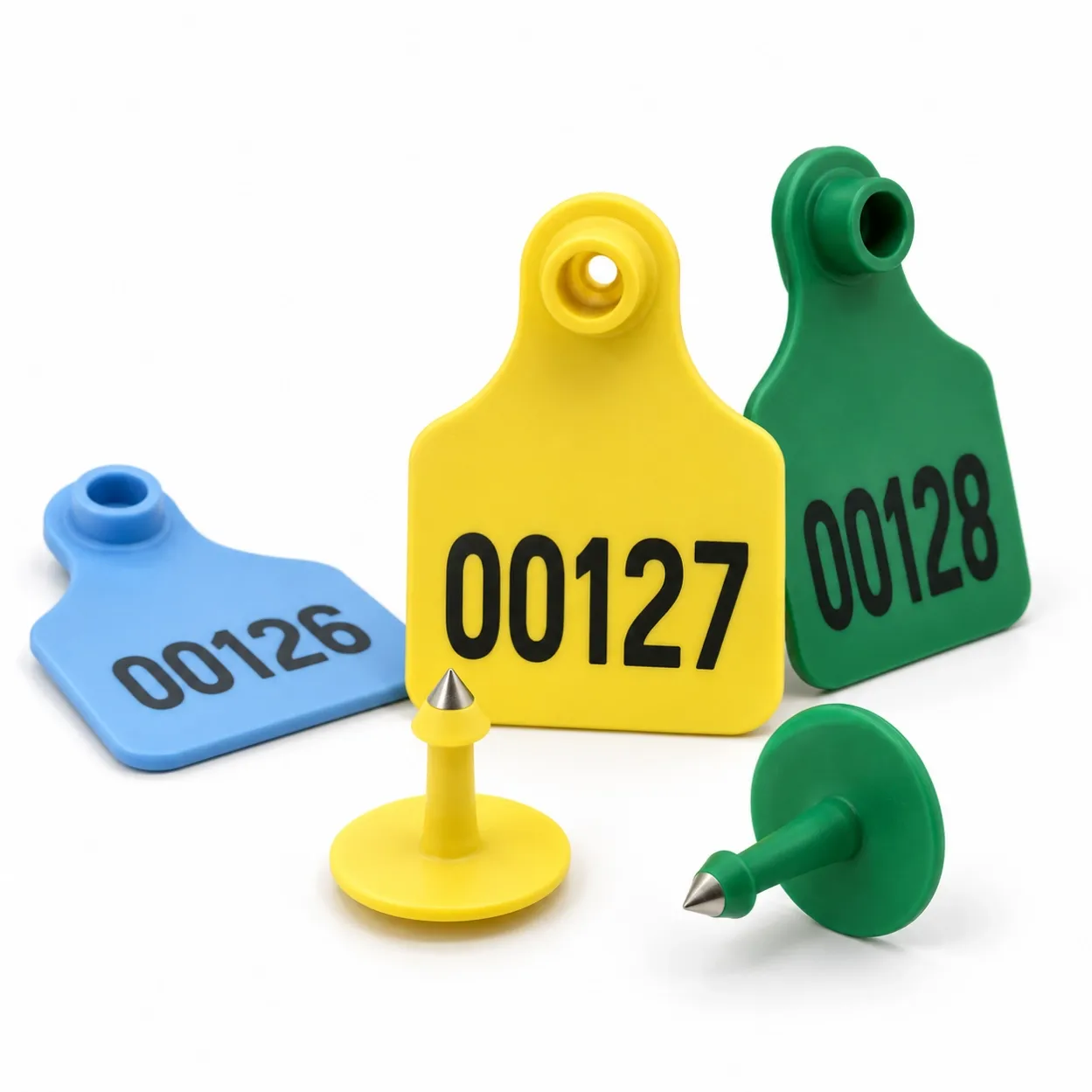 Illustrative yellow, green and blue livestock ear tags with example sequential numbers and matching male buttons