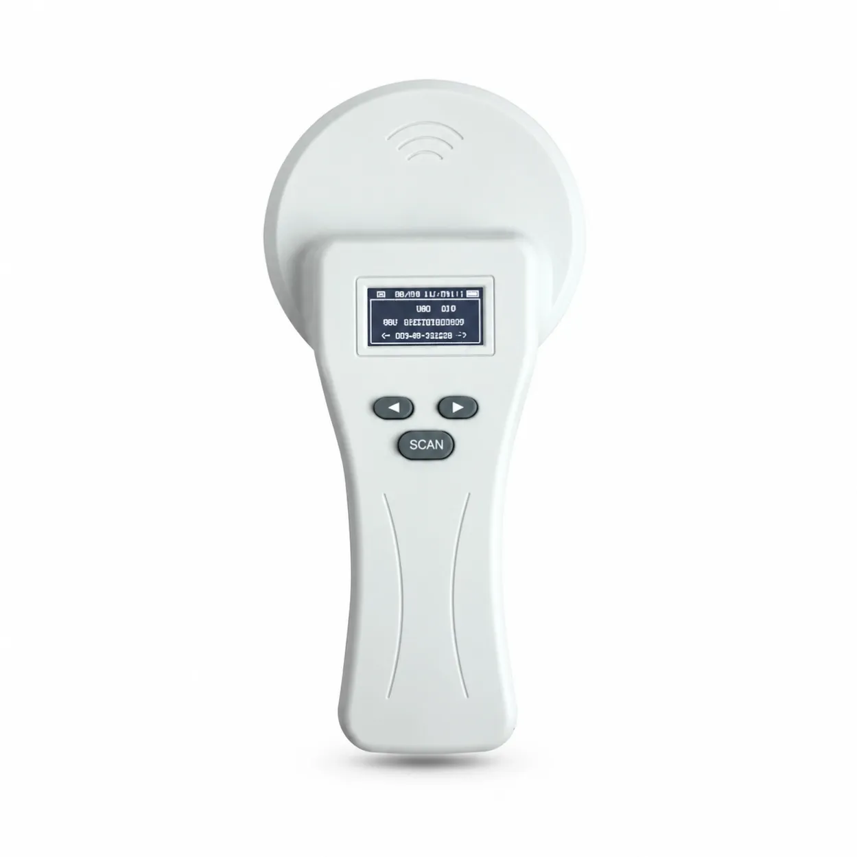 Illustrative handheld animal RFID reader with a display and three control buttons on a white background