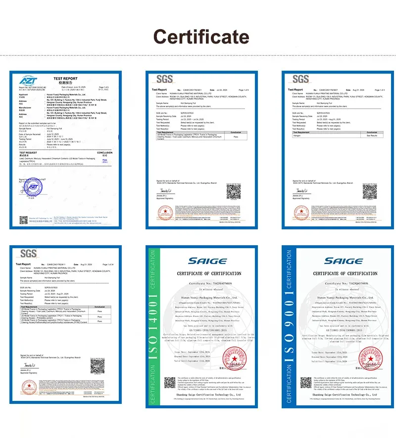 ISO 9001 and ISO 14001 certificates and SGS test reports
