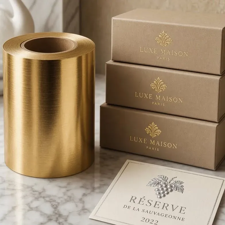 Gold hot stamping foil roll with hot stamped gift boxes