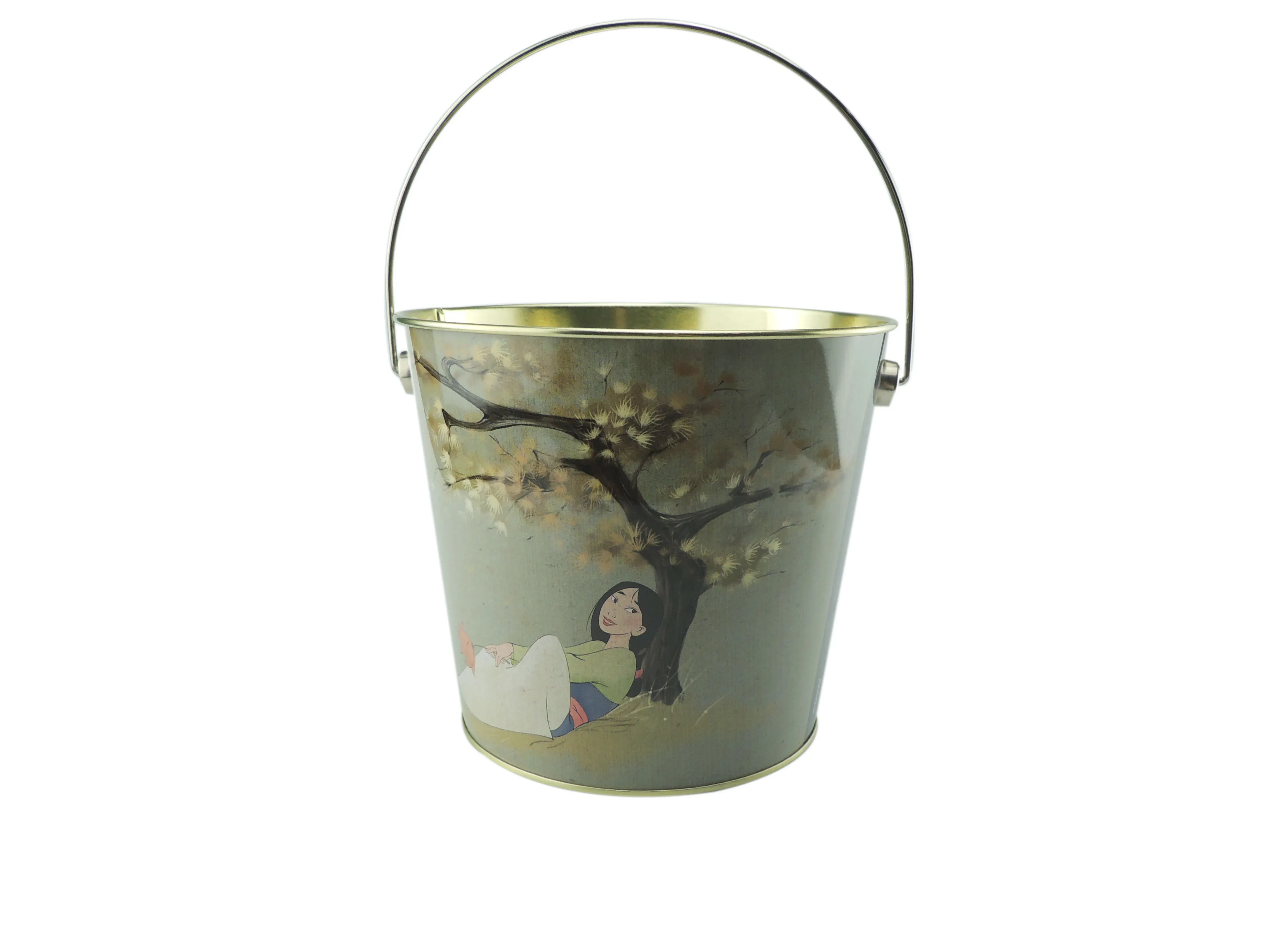 Tin bucket with the metal handle raised, showing the blossom print