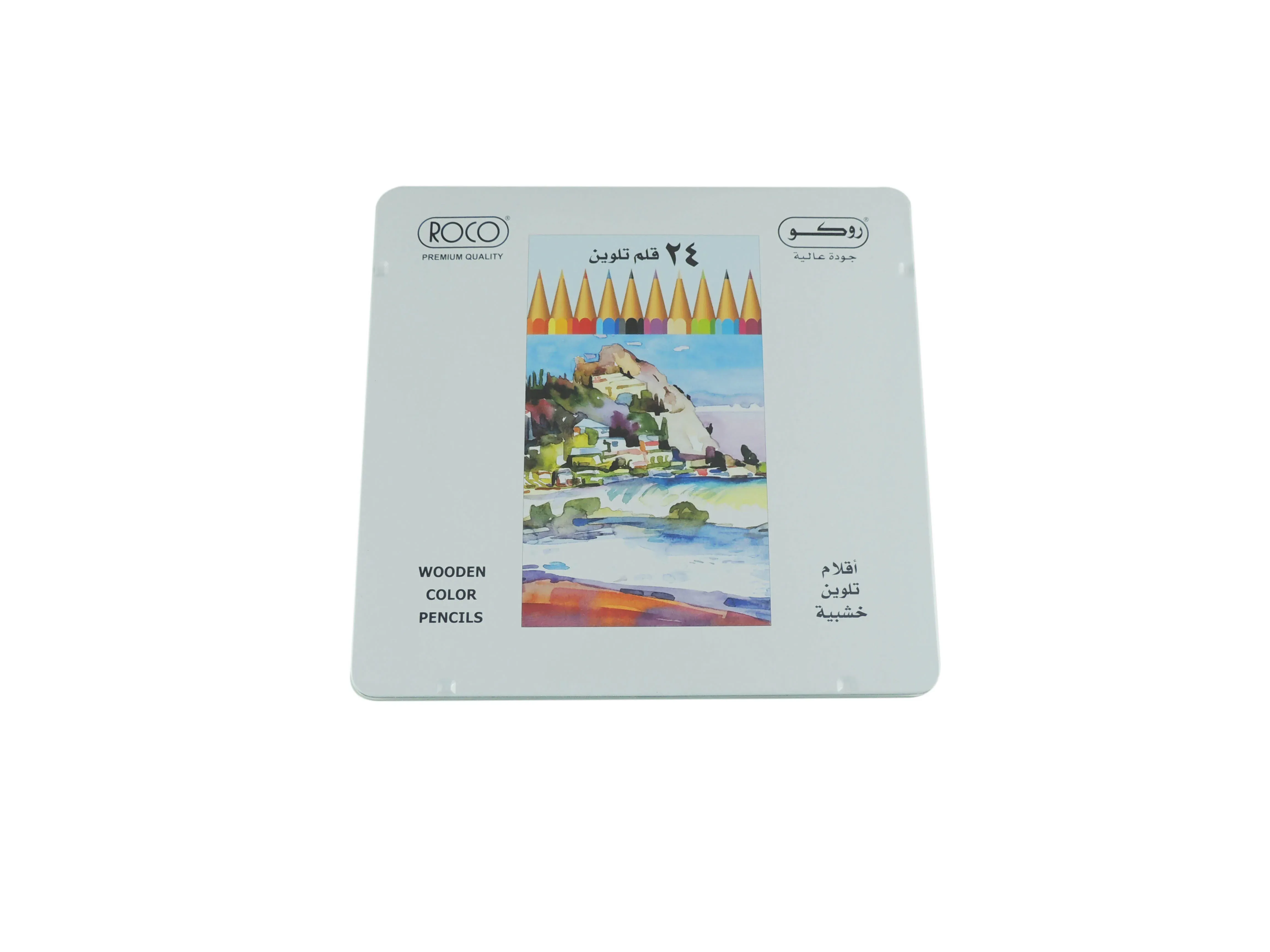 Square pencil tin lid printed with a landscape artwork and bilingual Arabic and English text