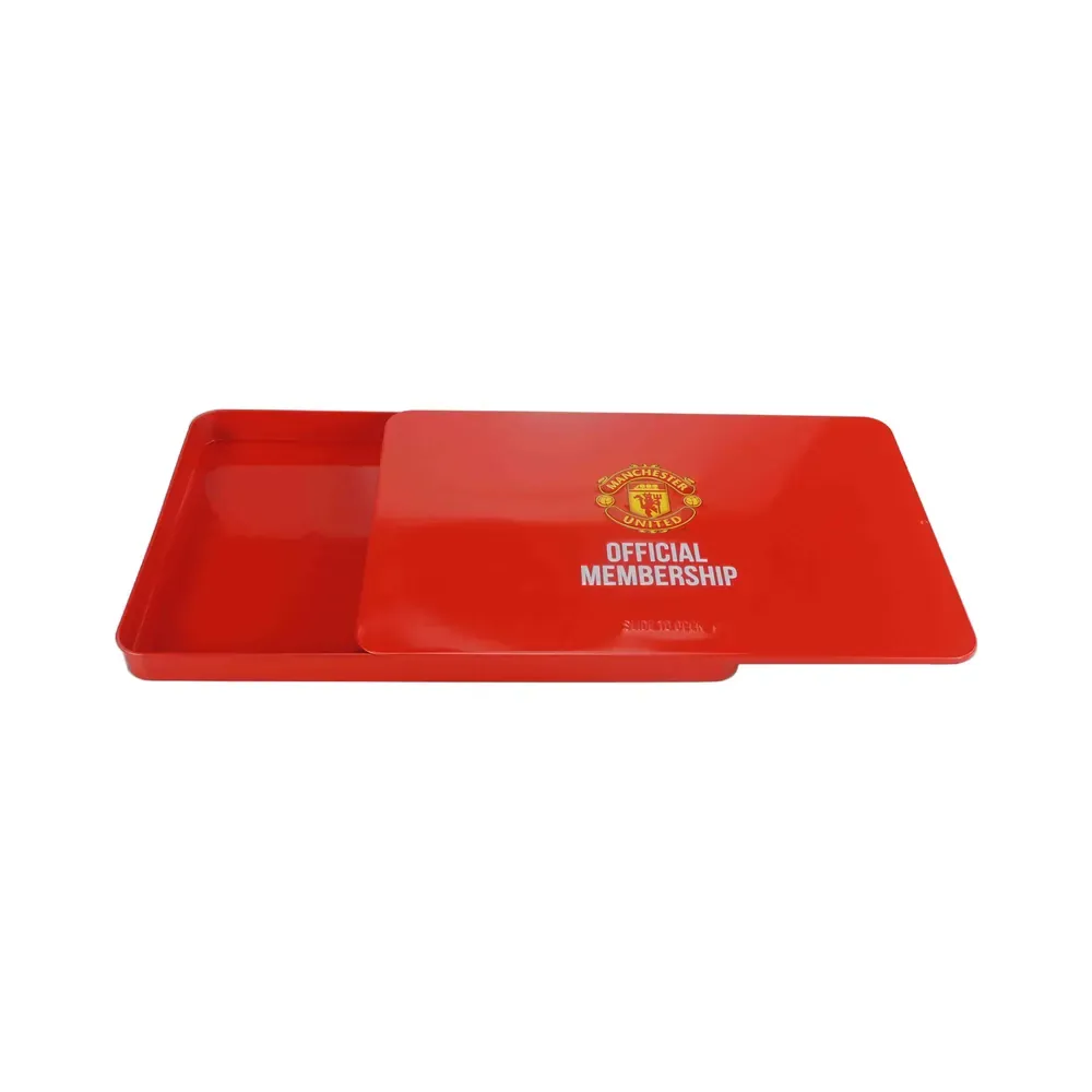 Slide tin with the lid slid partly open, showing the tinplate tray below the printed red lid, on a white background